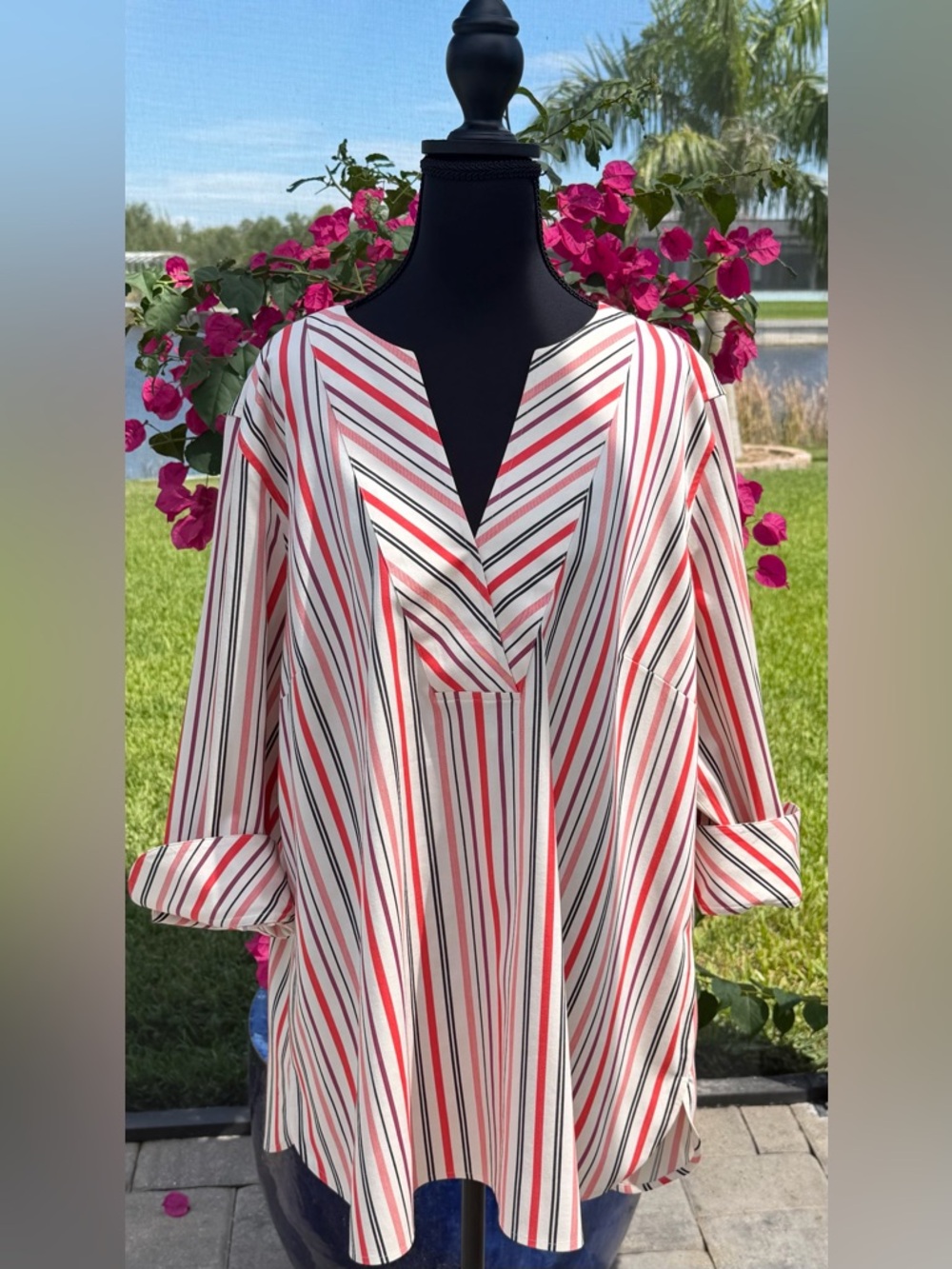 NWOT Foxcroft NYC‎ Striped V-Neck Women's Non Iron Stretch 3/4 Sleeve Top, 20W